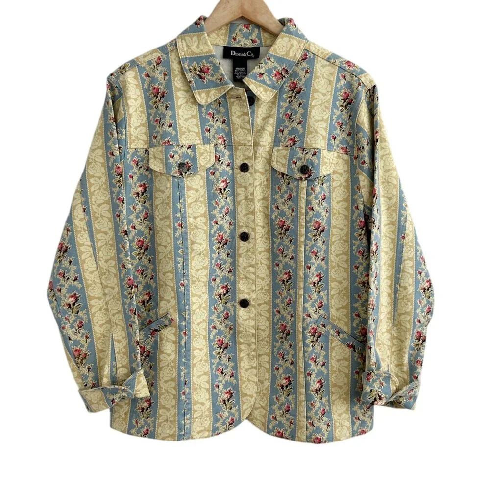 Denim & Co Vintage Striped Floral Denim Jean Jacket (M)